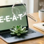 Illustration of EEAT for small blogs concept showing a laptop with a plant and magnifying glass emphasizing trust signals.