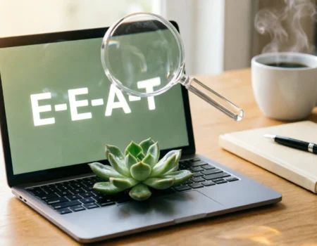Illustration of EEAT for small blogs concept showing a laptop with a plant and magnifying glass emphasizing trust signals.