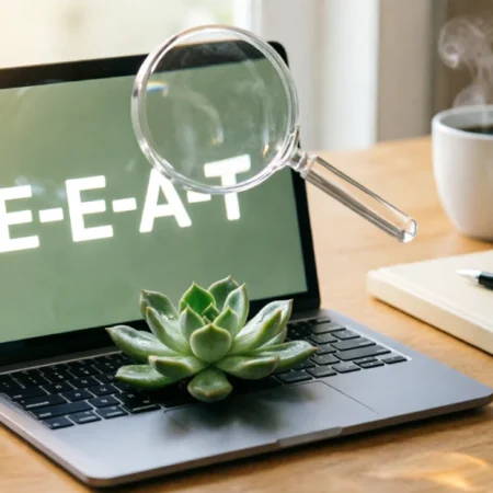 Illustration of EEAT for small blogs concept showing a laptop with a plant and magnifying glass emphasizing trust signals.