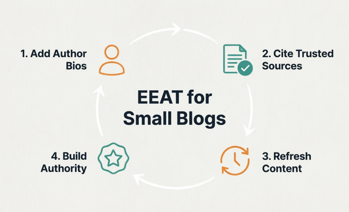 EEAT for small blogs improvement loop flowchart with four steps: Add Bios, Cite Sources, Update Content, Build Authority.