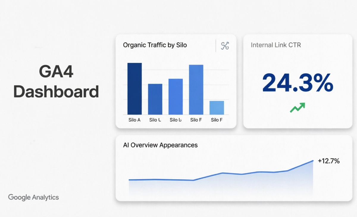GA4 exploration dashboard showing key performance indicators for a content silo including organic traffic and internal link CTR.