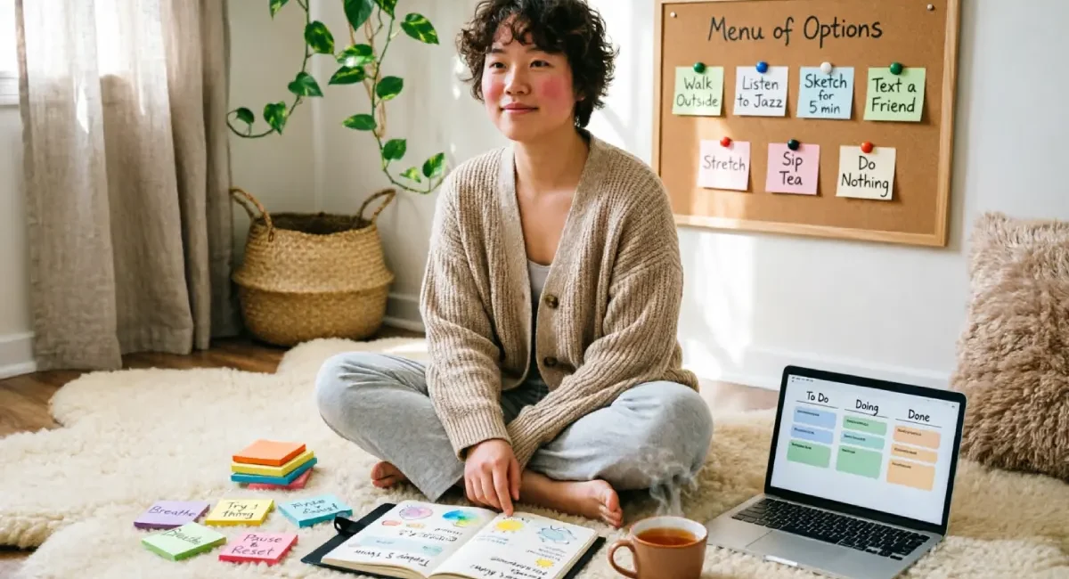 A neurodivergent person using flexible, compassionate goal setting for neurodivergent minds with sticky notes and a visual menu instead of a rigid to-do list.