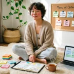 A neurodivergent person using flexible, compassionate goal setting for neurodivergent minds with sticky notes and a visual menu instead of a rigid to-do list.