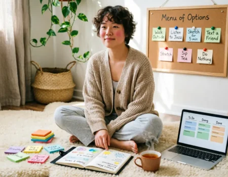 A neurodivergent person using flexible, compassionate goal setting for neurodivergent minds with sticky notes and a visual menu instead of a rigid to-do list.