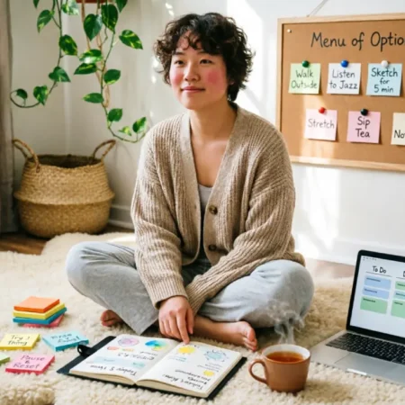 A neurodivergent person using flexible, compassionate goal setting for neurodivergent minds with sticky notes and a visual menu instead of a rigid to-do list.