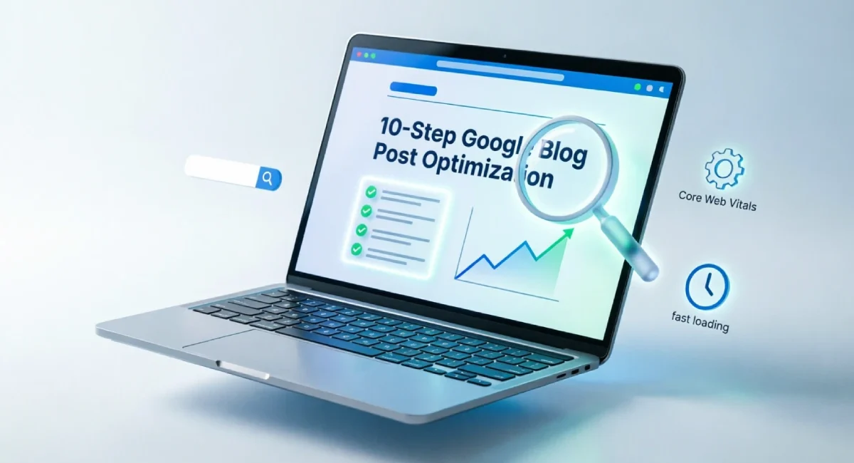 Google blog post optimization hero image showing a laptop screen with an SEO checklist and ranking growth chart.
