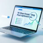 Google blog post optimization hero image showing a laptop screen with an SEO checklist and ranking growth chart.