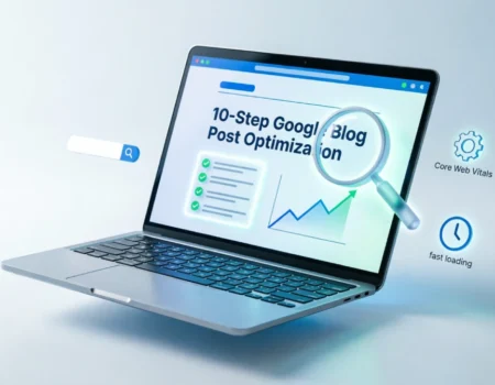 Google blog post optimization hero image showing a laptop screen with an SEO checklist and ranking growth chart.