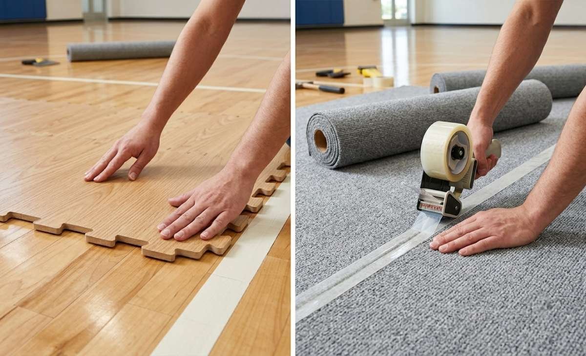 person installing portable dance floor tiles and taping vinyl seams on a gym floor for a wedding