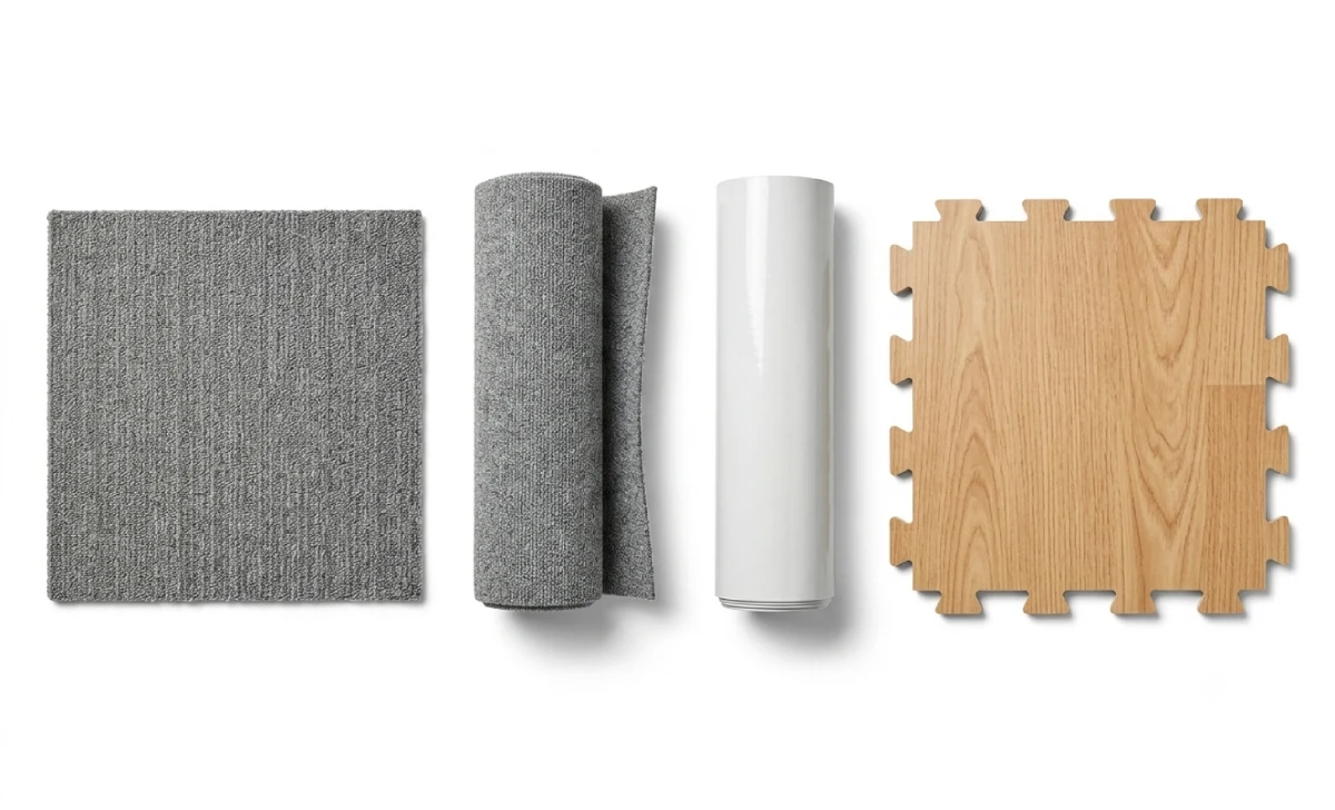 four gym floor covering materials side by side including carpet tile vinyl roll and portable dance floor tile