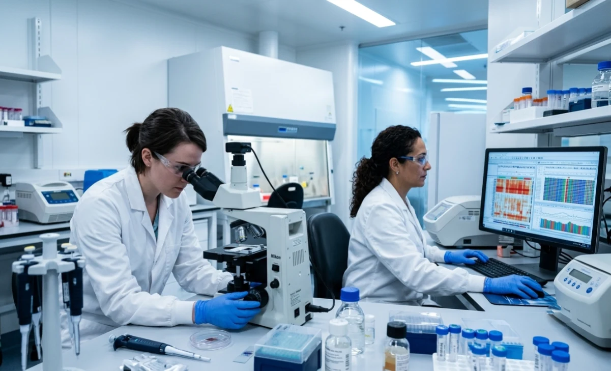 Researchers in a laboratory analyzing Andes hantavirus genomic samples linked to the MV Hondius outbreak