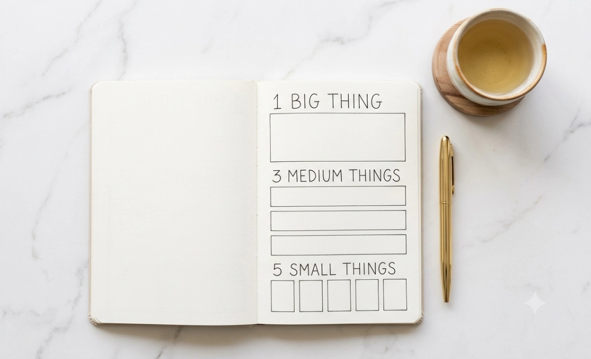 1-3-5 rule overwhelmed people — a clean open notebook divided into one big task, three medium tasks, and five small tasks showing the step by step daily planning method