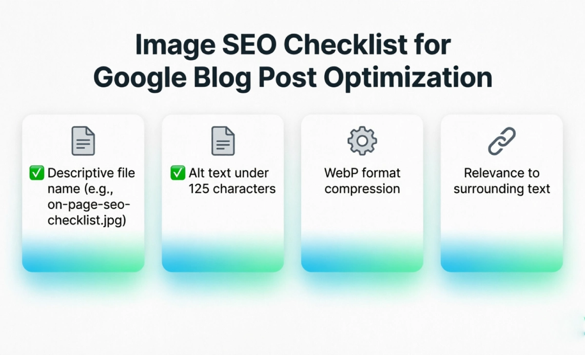 Image SEO checklist infographic for Google blog post optimization with four actionable steps for better rankings.