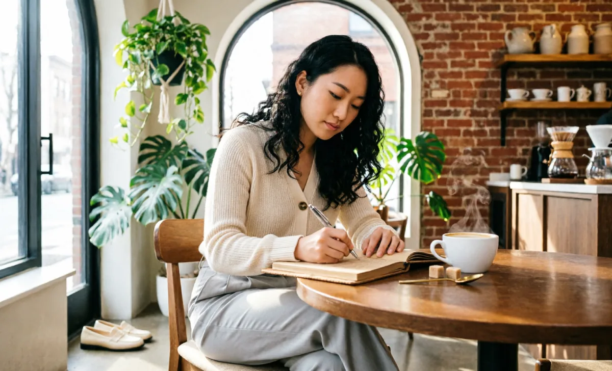 Person practicing intentional discomfort daily life by mindfully journaling at a cafe to break autopilot mode.