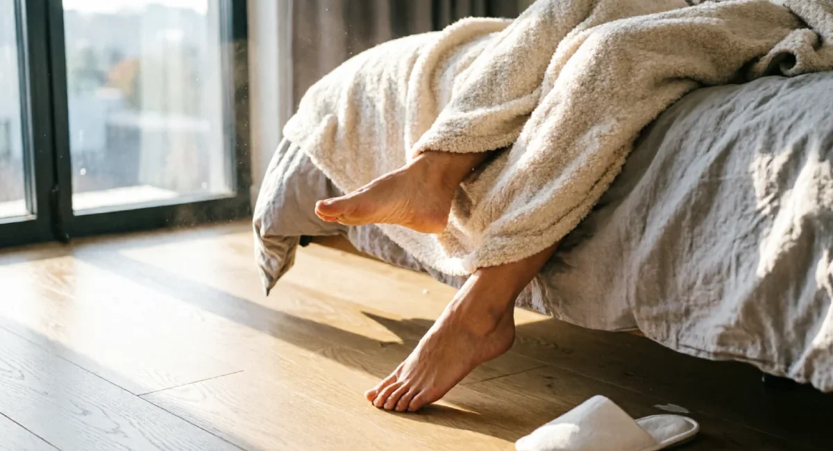 Person practicing intentional discomfort daily life by stepping out of comfortable bed into morning light