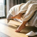 Person practicing intentional discomfort daily life by stepping out of comfortable bed into morning light