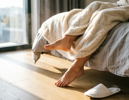 Person practicing intentional discomfort daily life by stepping out of comfortable bed into morning light