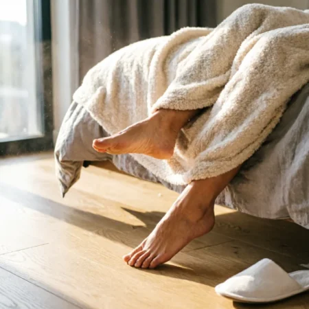 Person practicing intentional discomfort daily life by stepping out of comfortable bed into morning light
