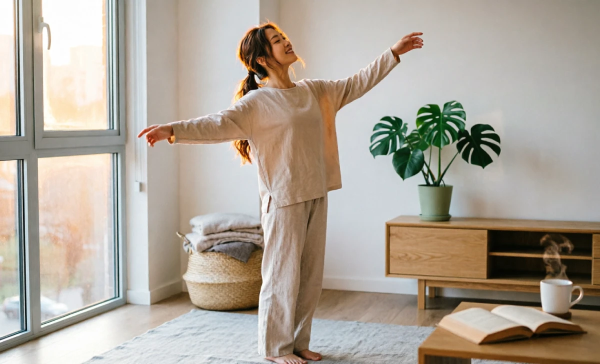 Person practicing intentional discomfort daily life with a gentle, manageable morning stretch to avoid burnout.