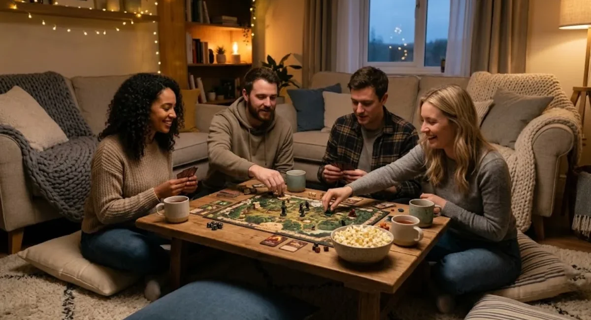 Cozy introvert friendly game night with friends playing a quiet board game in a softly lit room.