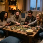 Cozy introvert friendly game night with friends playing a quiet board game in a softly lit room.