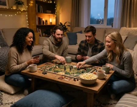 Cozy introvert friendly game night with friends playing a quiet board game in a softly lit room.