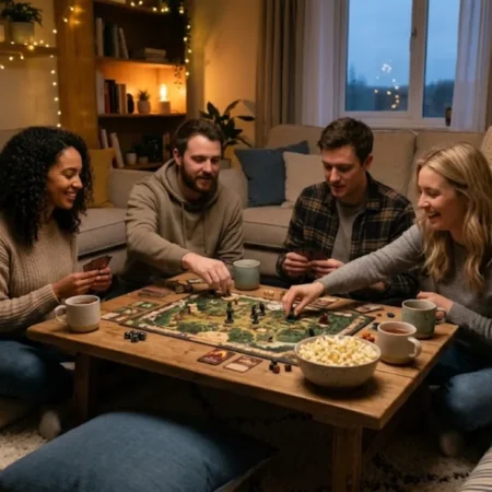 Cozy introvert friendly game night with friends playing a quiet board game in a softly lit room.
