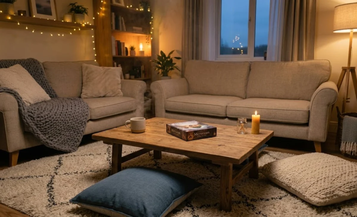 Cozy room setup for an introvert friendly game night with soft lighting and a board game on the table.