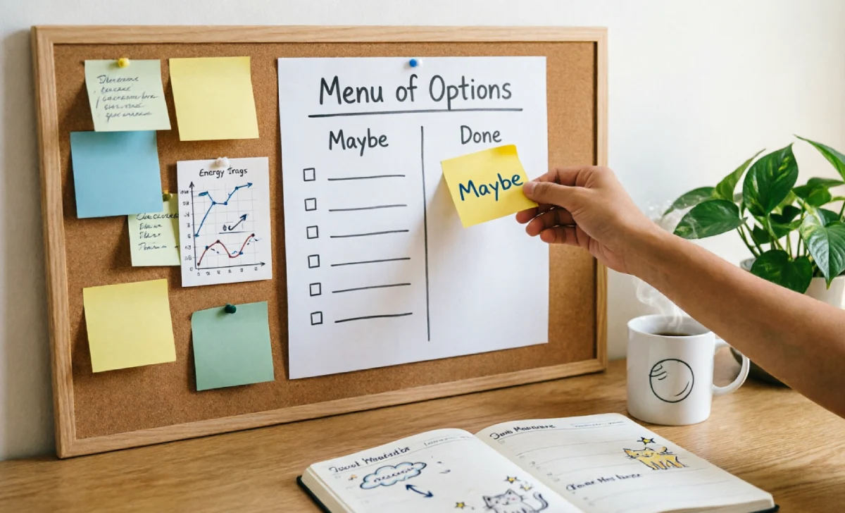 A person moving a colorful sticky note on a corkboard, demonstrating compassionate goal setting for neurodivergent minds using visual and interest-based methods.