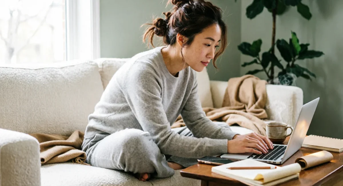 Woman embracing the Lazy Girl Productivity Method while working from her cozy couch with tea and laptop.