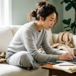 Woman embracing the Lazy Girl Productivity Method while working from her cozy couch with tea and laptop.
