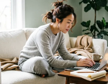 Woman embracing the Lazy Girl Productivity Method while working from her cozy couch with tea and laptop.