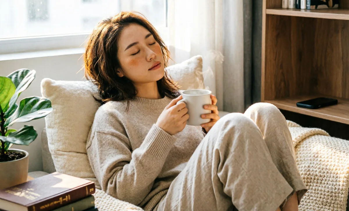 Woman practicing the Lazy Girl Productivity Method by resting guilt-free in a cozy, sunlit room.