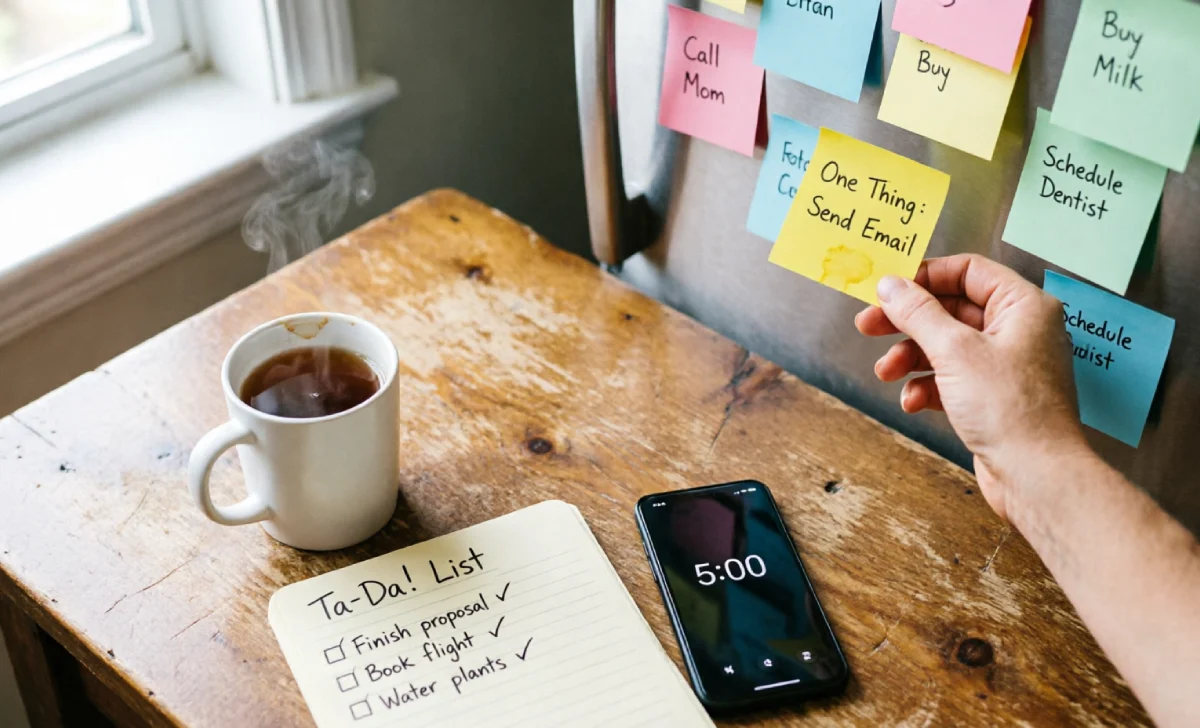 Practical tips for using the Lazy Girl Productivity Method, including sticky notes, a ta-da list, and a five-minute timer.