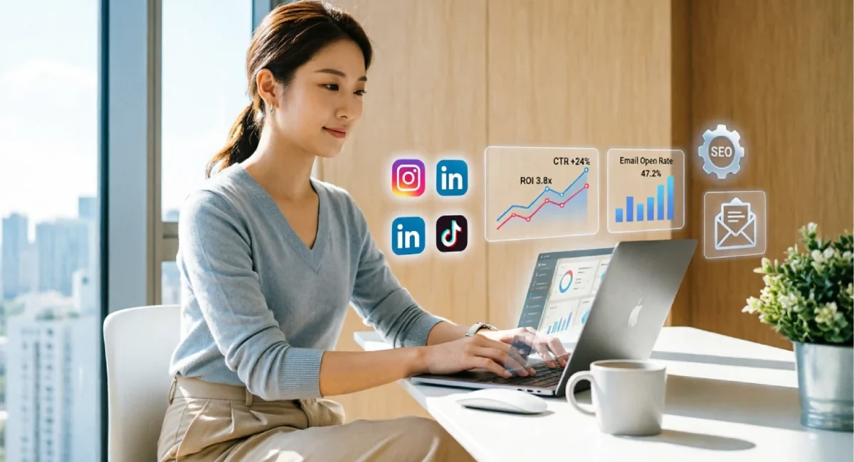 Young professional learning digital marketing in 3 months with laptop and analytics dashboard