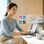 Young professional learning digital marketing in 3 months with laptop and analytics dashboard