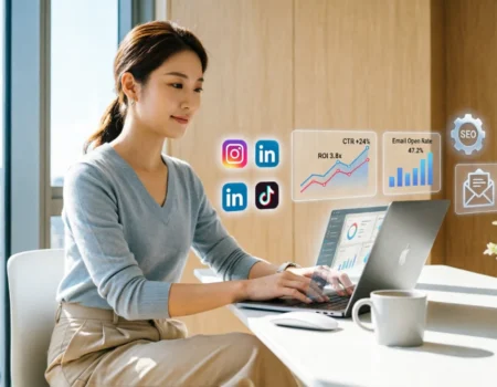 Young professional learning digital marketing in 3 months with laptop and analytics dashboard