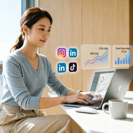 Young professional learning digital marketing in 3 months with laptop and analytics dashboard