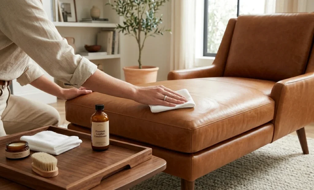 Applying leather conditioner to a tan leather chaise lounge with a soft cloth