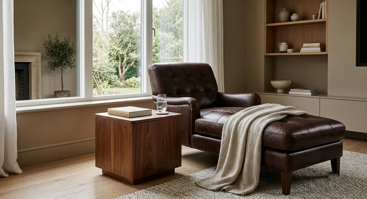 Dark brown leather chaise lounge in a bright, naturally lit living room