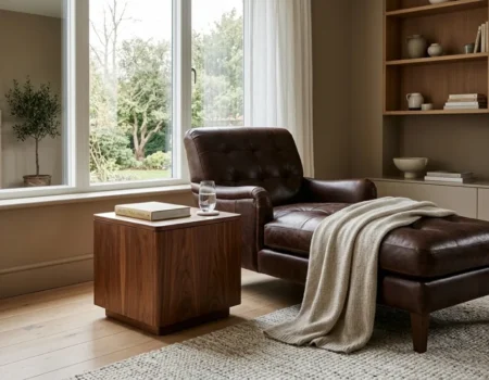 Dark brown leather chaise lounge in a bright, naturally lit living room