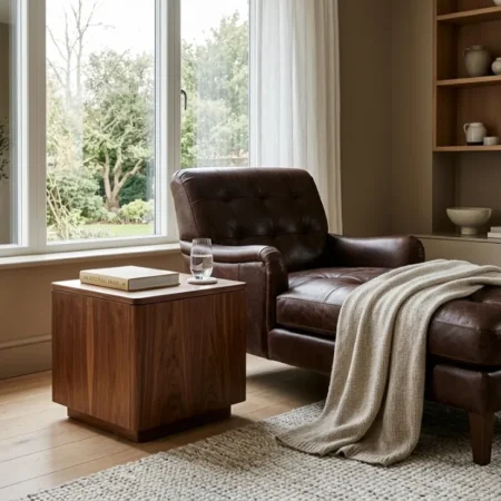 Dark brown leather chaise lounge in a bright, naturally lit living room