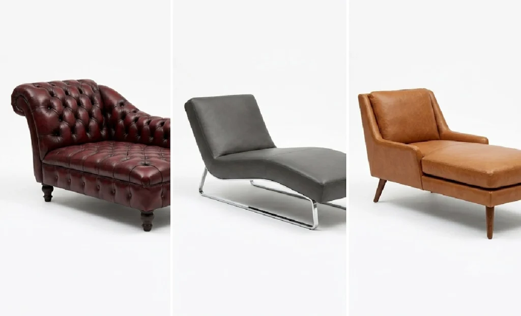 Three leather chaise lounge styles — Chesterfield, modern, and mid-century