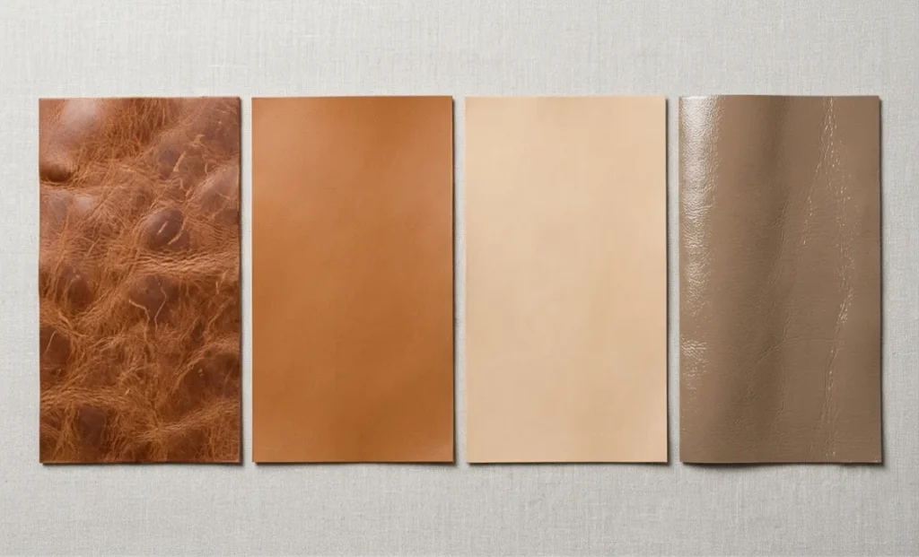 Four leather swatches showing different grades from full-grain to faux leather