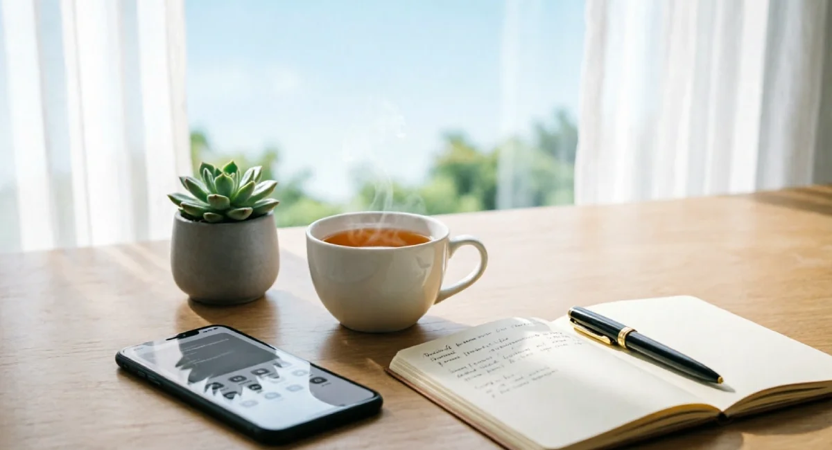 Low spoiler digital environment setup with minimalist phone screen, calm workspace, and peaceful natural lighting for digital wellness