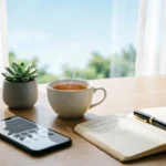 Low spoiler digital environment setup with minimalist phone screen, calm workspace, and peaceful natural lighting for digital wellness
