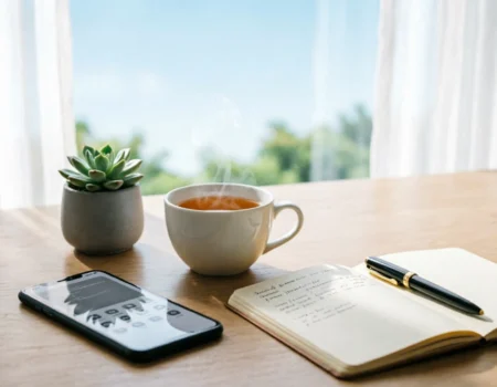 Low spoiler digital environment setup with minimalist phone screen, calm workspace, and peaceful natural lighting for digital wellness