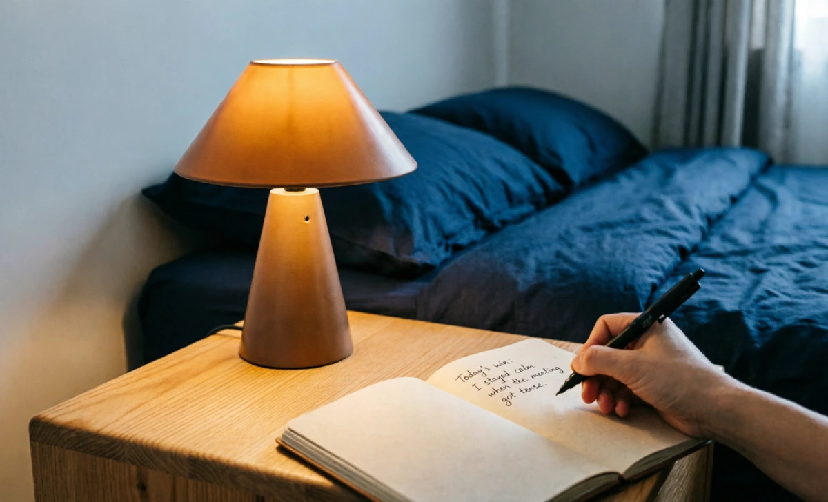 Micro habits change day: writing one daily win in a notebook by the bedside, an evening habit that trains the brain to notice progress.