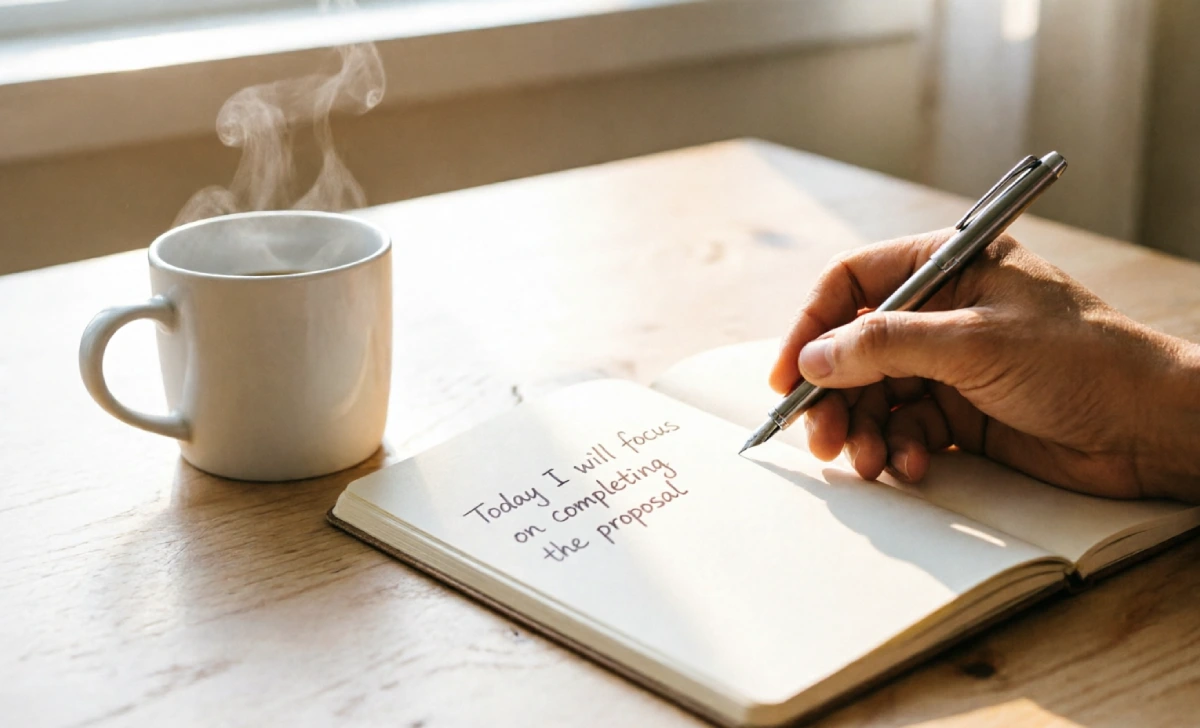 Micro habits change day: writing one clear intention in a notebook with morning coffee, a simple two-minute habit for focus and purpose.