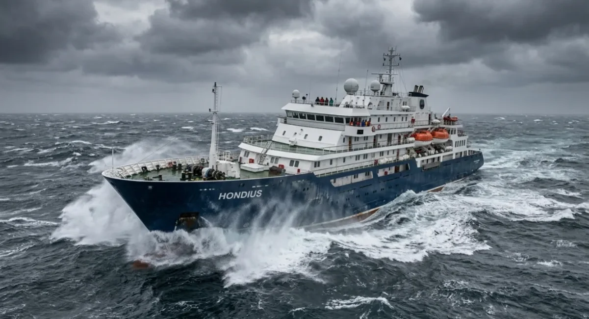 The MV Hondius cruise ship sailing in the Atlantic Ocean during the 2026 hantavirus outbreak